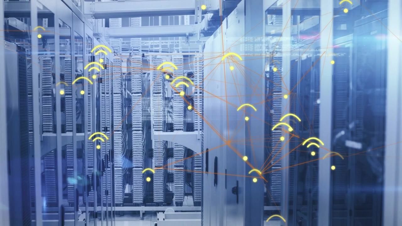 Animating aisle of server racks showing network in rack room, yellow icons linking via orange lines