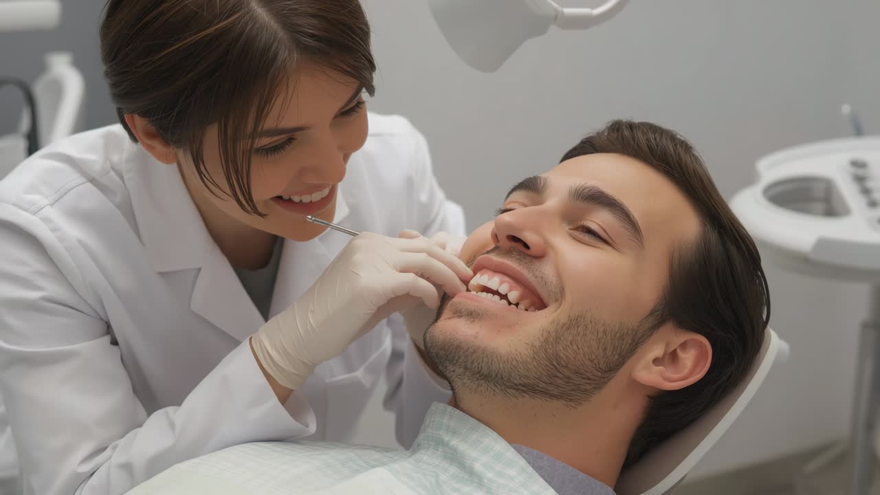 Examining man reclining in chair, gloved dentist checking teeth for exam with mirror, copy space