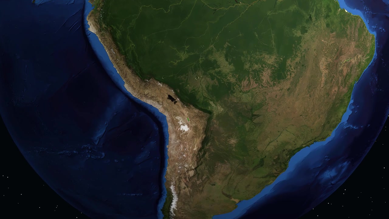 Uma animação digital faz um zoom do espaço para a América do Sul, localizando Cochabamba, Bolívia, com texto.