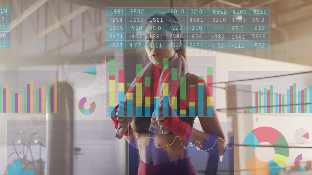 Woman boxer adjusting wraps centering holding towel while warming up with fitness charts overlaying