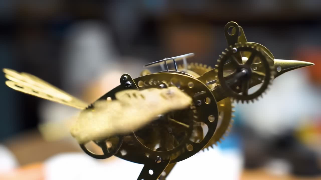 Intricate Mechanical Bird in Motion: A Stunning Showcase of Clockwork Artistry and Engineering Principles in Action, Capturing the Beauty of Kinetic Sculpture