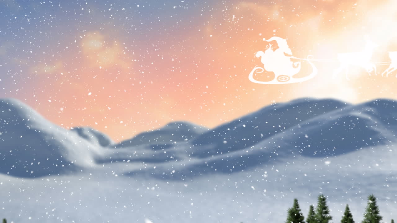 Animation of snow falling, sledge and raindeer over winter landscape ...