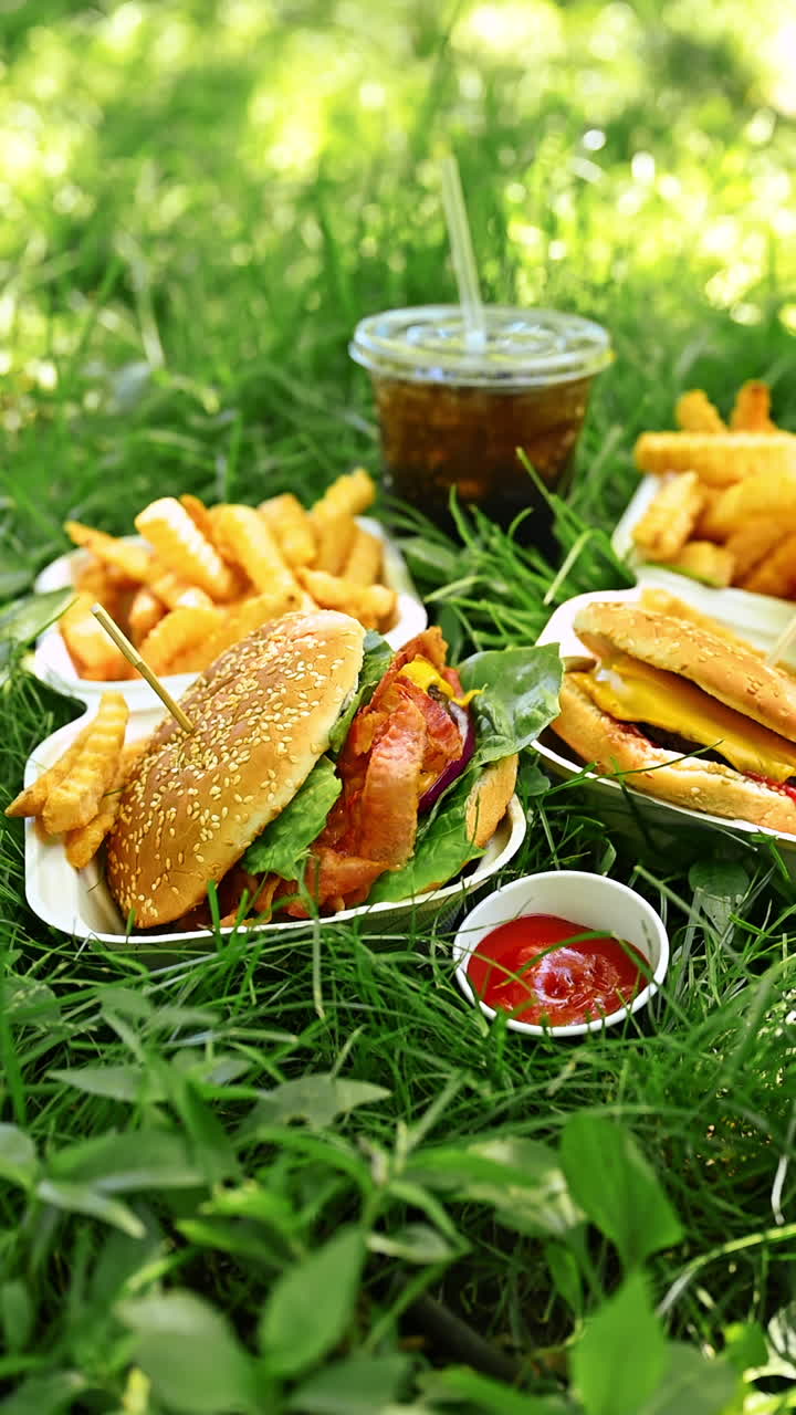 Mencelupkan kentang goreng ke dalam saus tomat saat piknik burger. Seseorang mencelupkan kentang goreng bergelombang ke dalam saus tomat sambil menikmati burger dan soda di luar ruangan di atas rumput piknik hijau