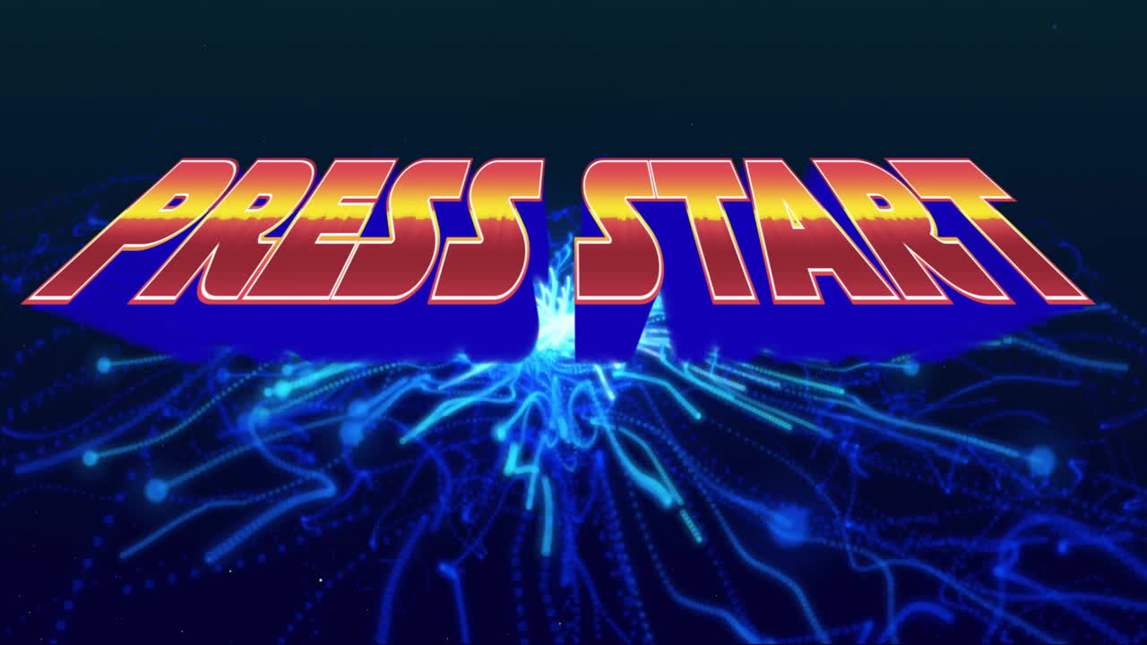 Press Start text glowing over digital network animation in blue background