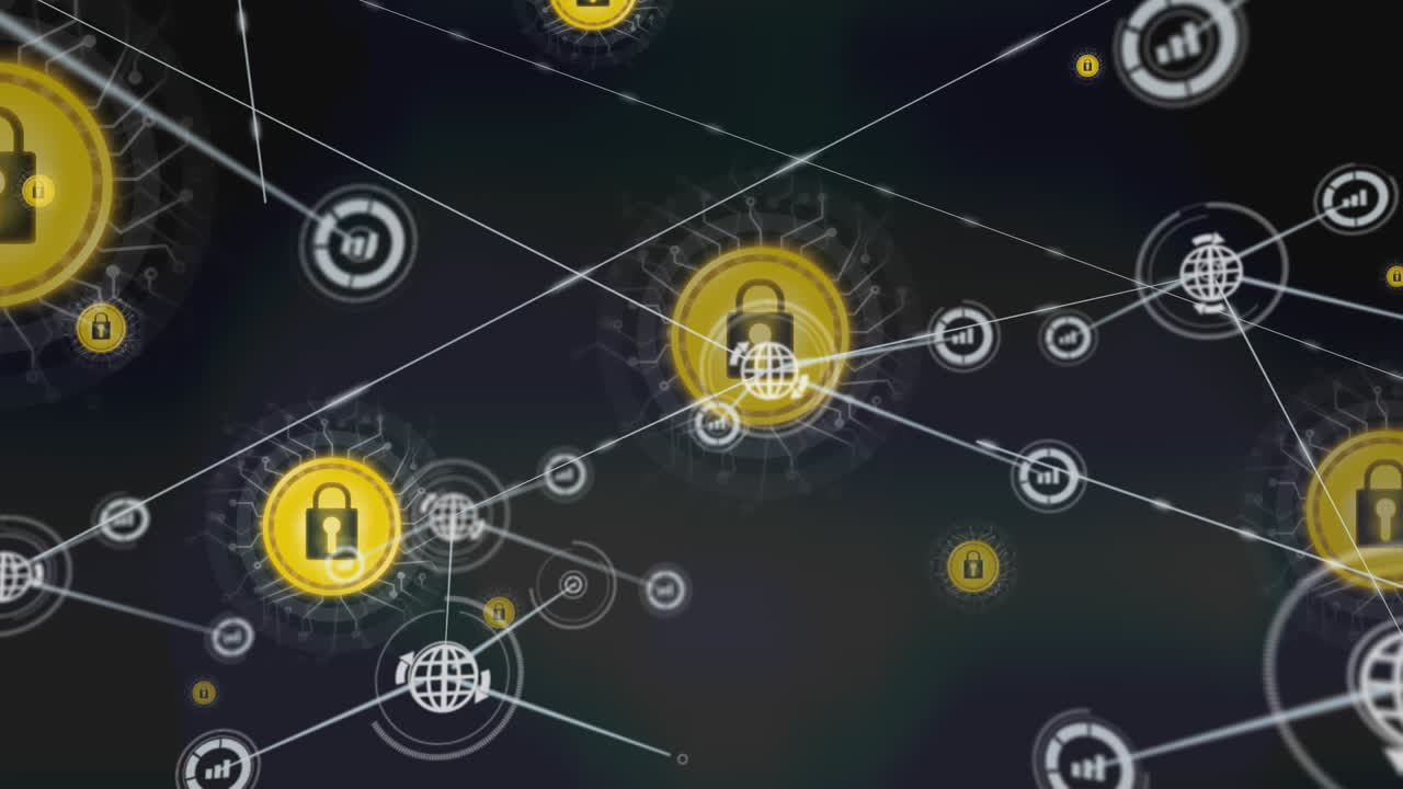 Animation of network of connections with padlock icons on black background