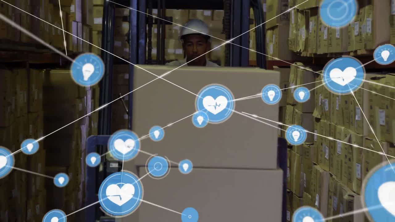 창고에서 포크리프트를 운용하는 아프리카계 미국인 남성 노동자에 대한 아이콘 네트워크의 애니메이션