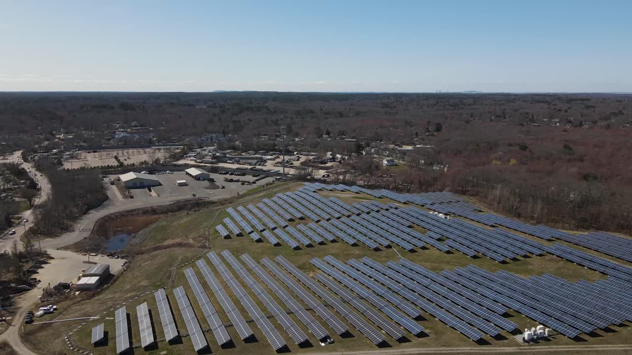 Aerial flyover of solar panel farm next to Widow's Walk golf course in Scituate