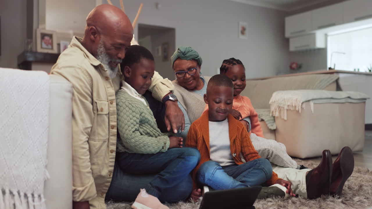 Family, tablet and grandparents with children