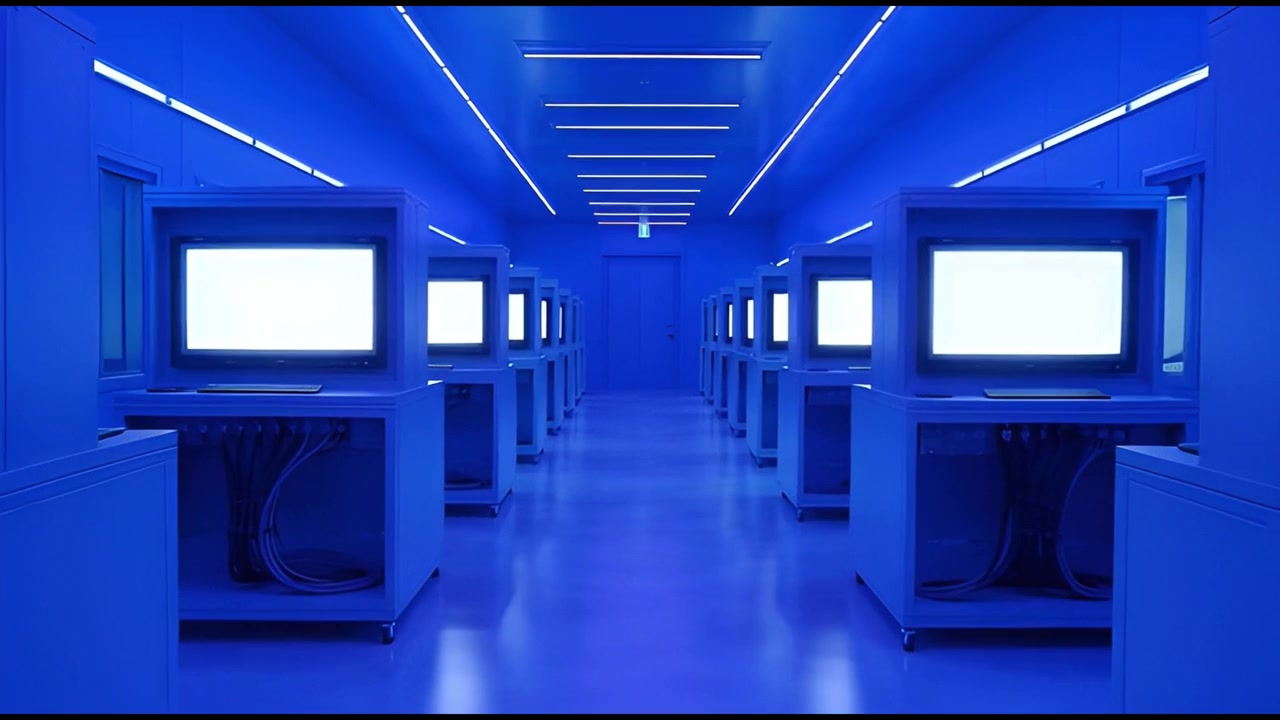 Symmetrical Blue Corridor Lined with Futuristic Computer Workstations