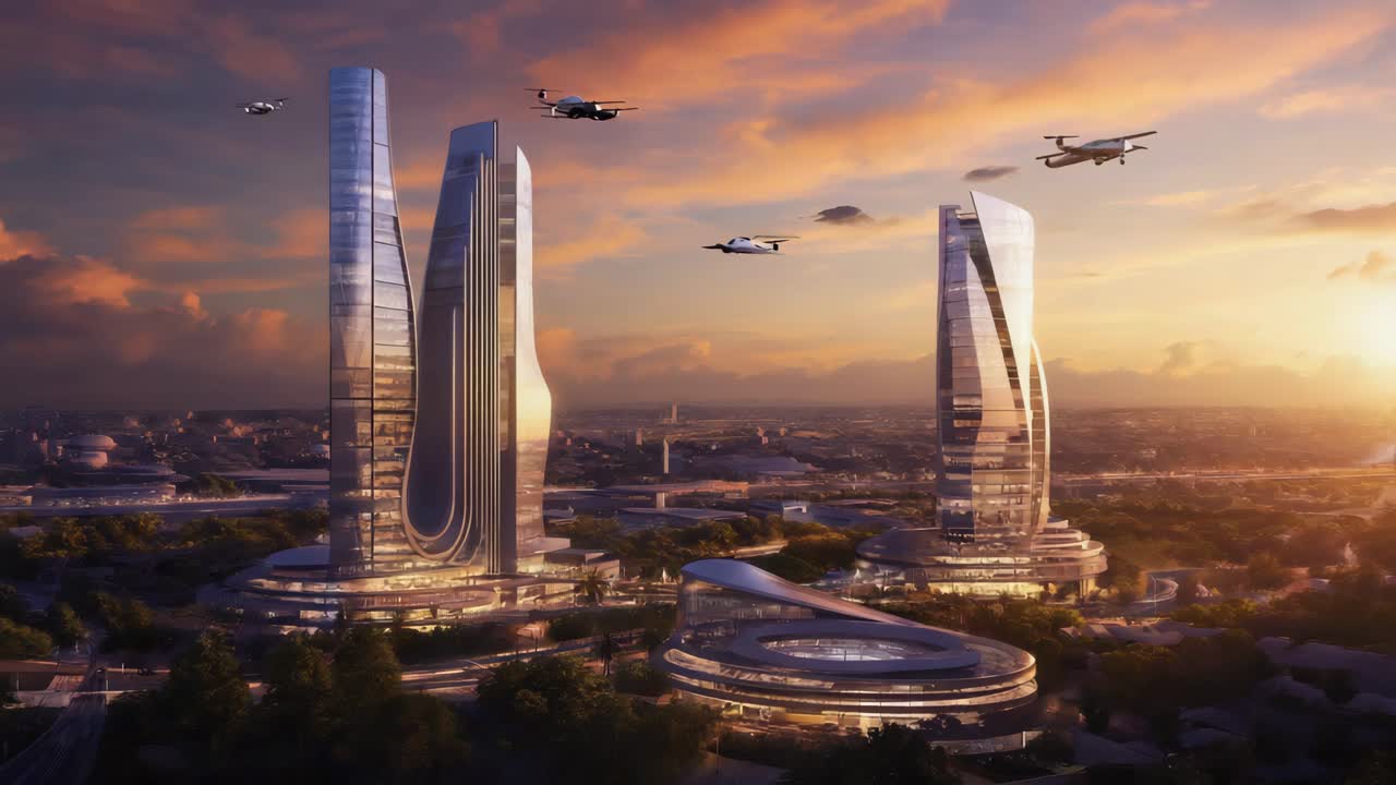 Futuristic Cityscape with Flying Vehicles at Sunset
