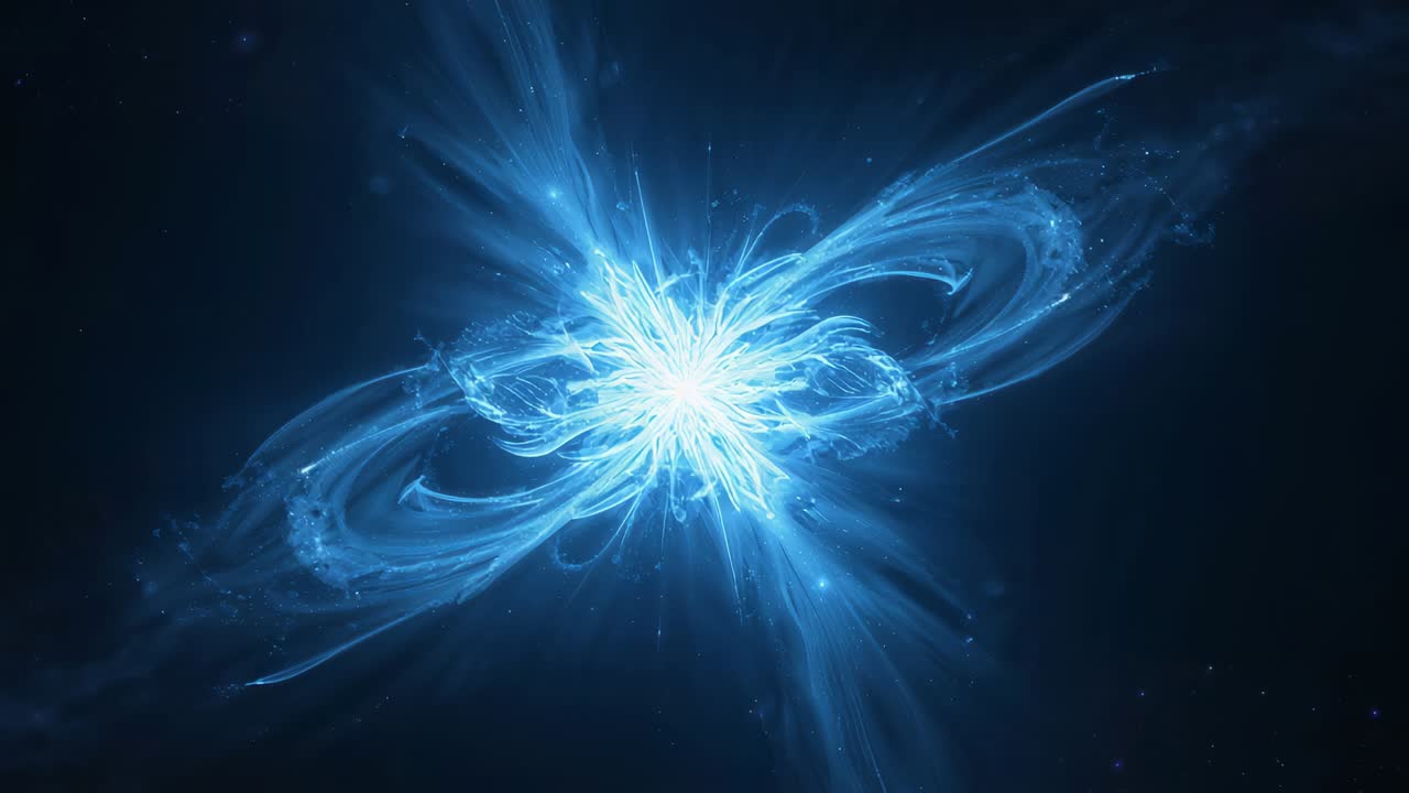 Pulsing blue core sending tendrils, forming looped arms and emitting sparks, settling in dark void