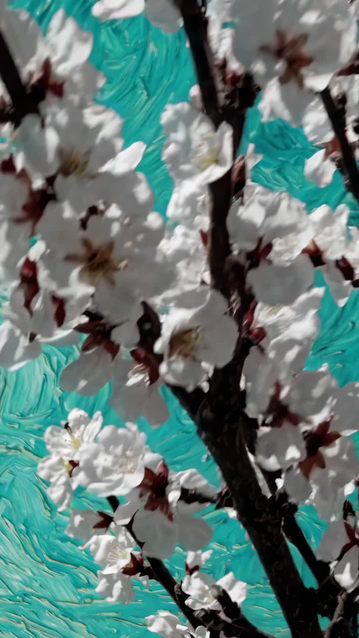 Video ravvicinato di fiori bianchi su uno sfondo turchese vorticante, ripreso da un angolo inferiore