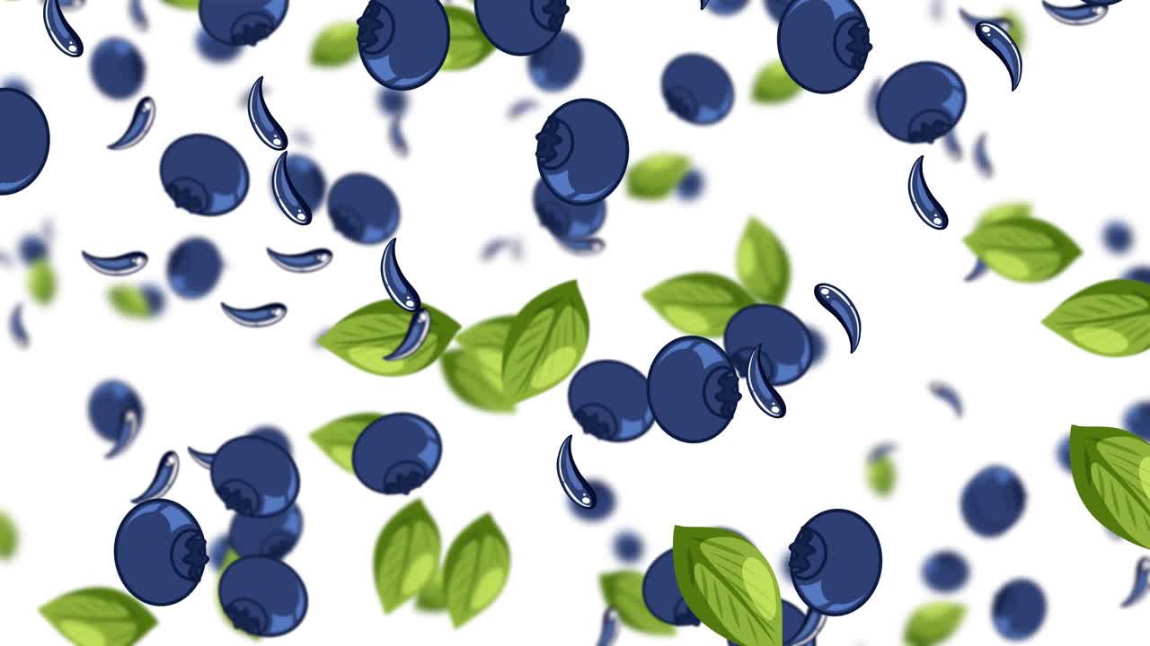 Blueberries and leaves falling against white background