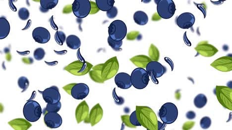 blueberries and leaves falling against white background