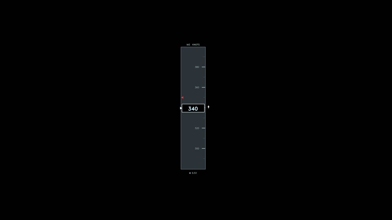 A vertical scrolling airspeed tape gauge with white numerical readouts, Mach speed data, and a central indicator box. This animated interface element loops for flight telemetry overlays.