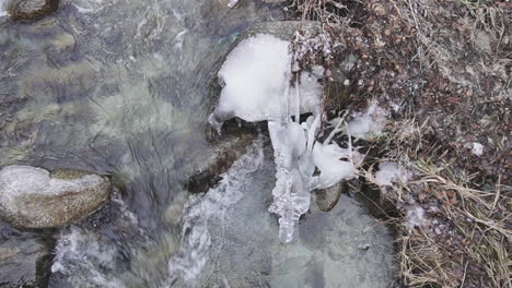 a chunk of ice over a running river in europe in winter