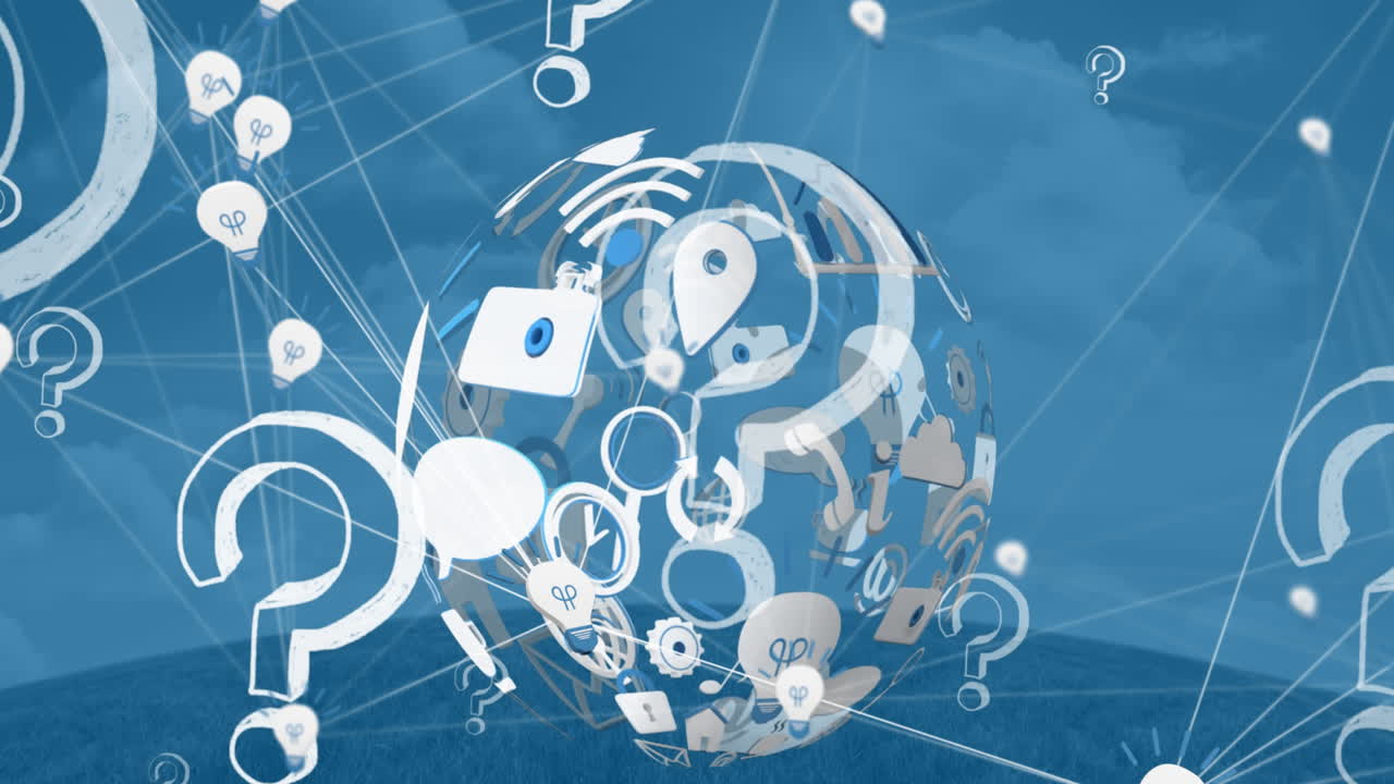 구름 위의 미디어 아이콘과 함께 전 세계에 대한 질문표의 애니메이션