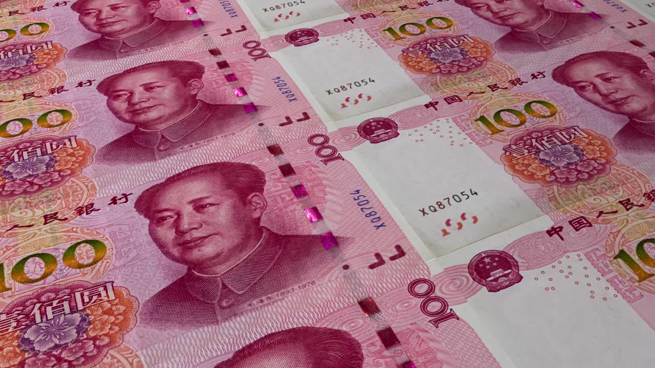 Impressão de 100 renminbi chineses. Filmagem em loop, ilustração 3D. Moeda da China.