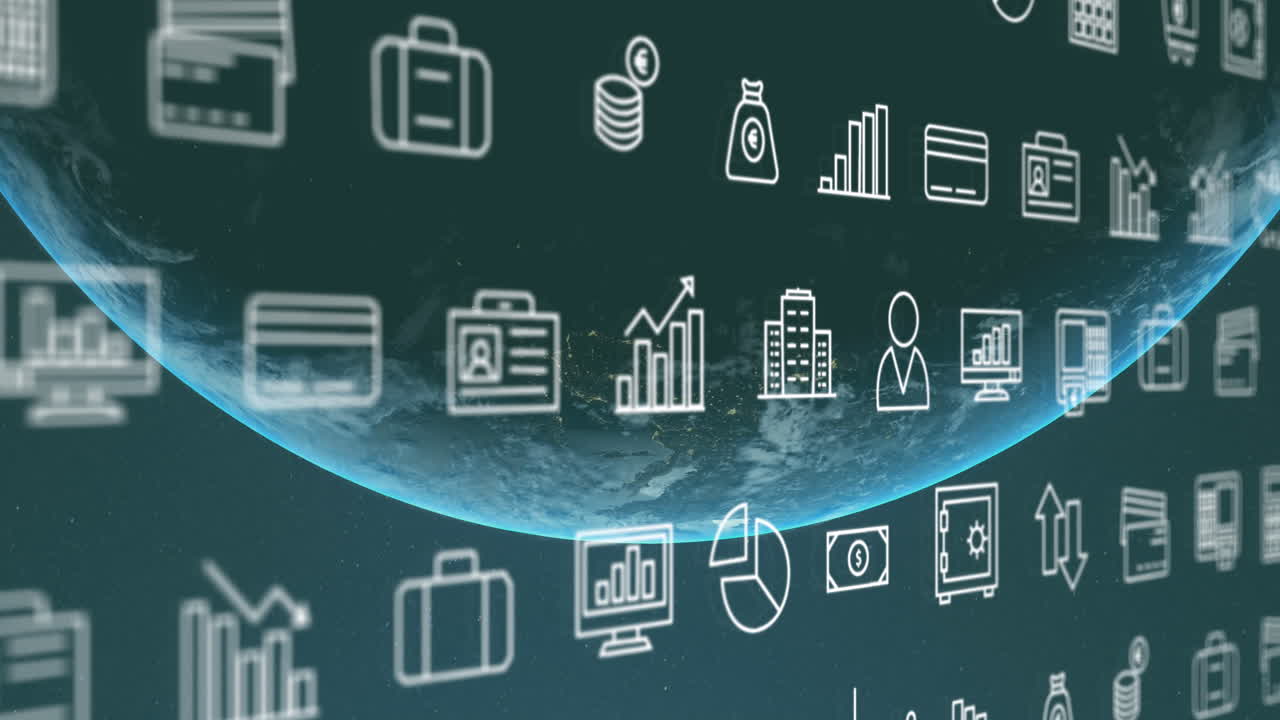 반복되는 비즈니스 및 미디어 아이콘이 지구 행성에 이동합니다.