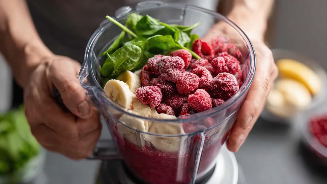 A Colorful Blend of Raspberries, Bananas, and Spinach in a Blender, Ready to Create a Nutrient-Packed Smoothie for a Healthy Lifestyle