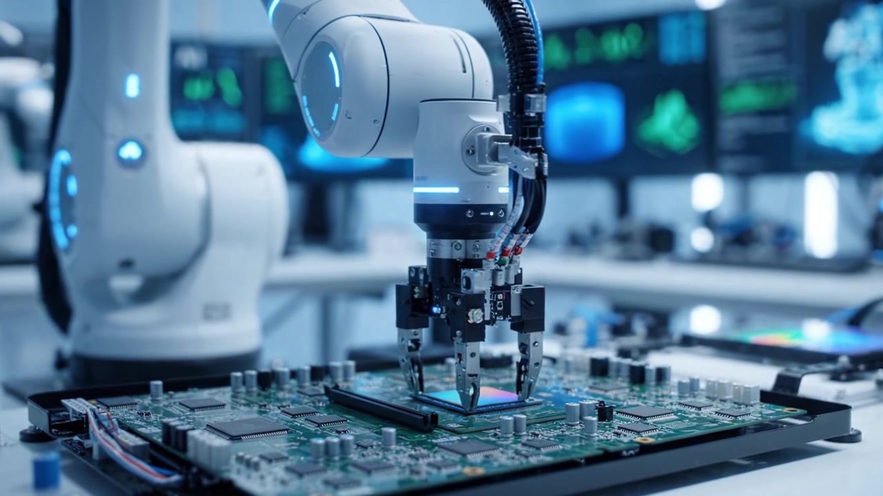 Advanced Robotics Manipulating Circuit Boards in a High-Tech Laboratory Environment Showcasing Automation and Precision Engineering Techniques