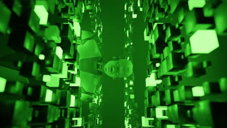 Humanoid robot standing inside a tunnel of glowing green cubic structures. Monochrome 3D digital illustration. Artificial intelligence and technology concept, banner, wallpapern, vertical