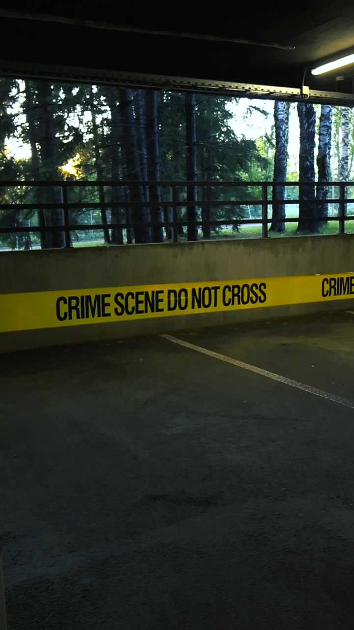 Area riservata con nastro giallo della polizia con la scritta "scena del crimine non oltrepassare" che blocca l'accesso a un parcheggio vuoto in un garage sotterraneo con vista su un parco esterno.