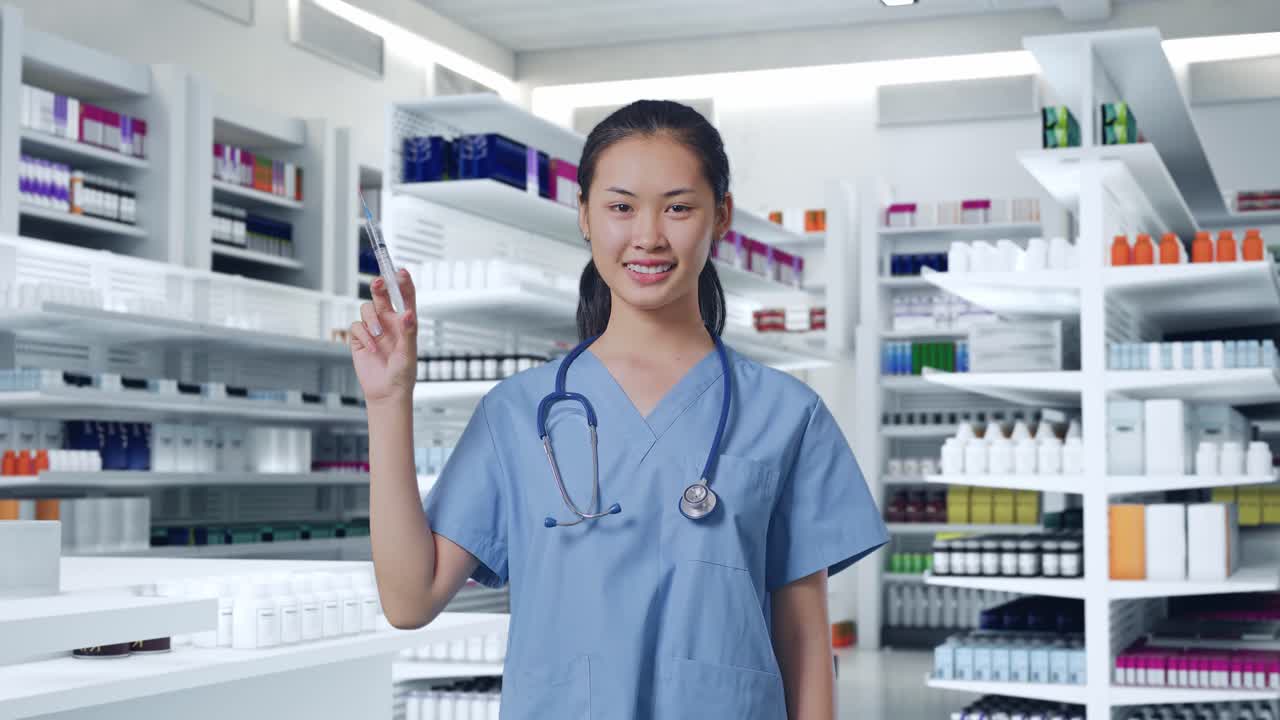 약국 에서 주사기 를 들고 있는 간호사