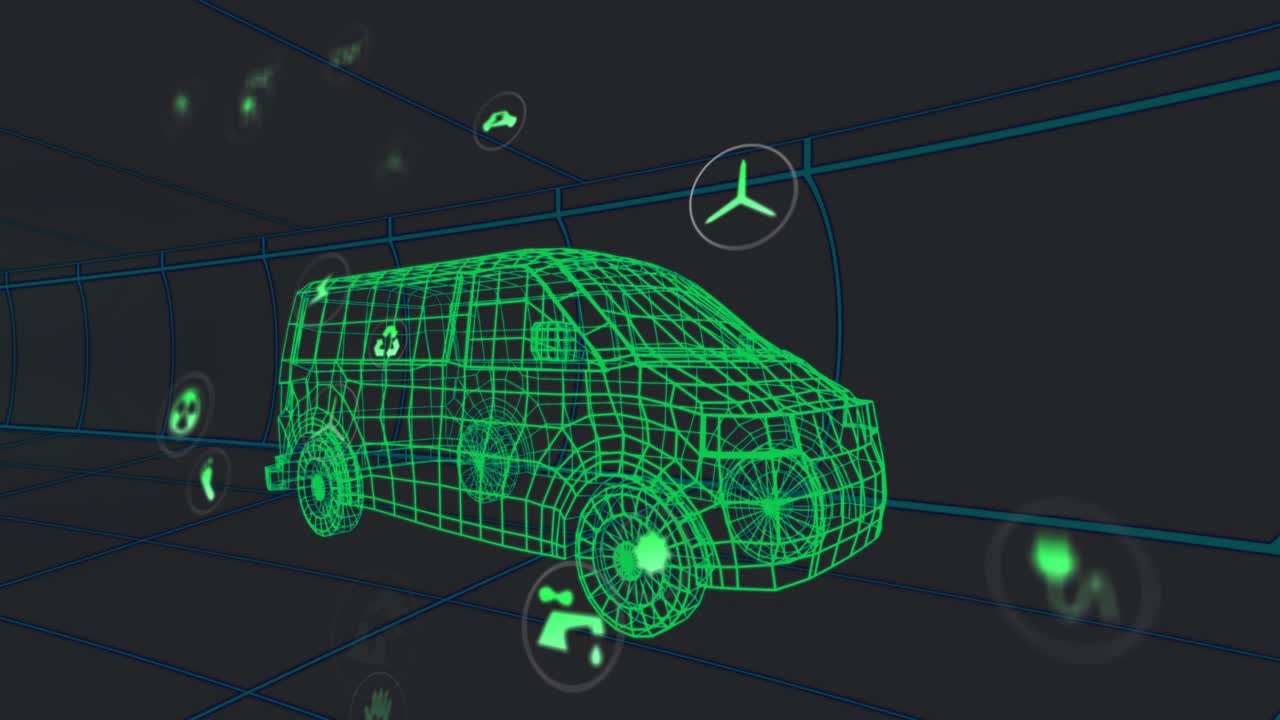 Icon drift initiating eco symbols orbiting green wireframe van then scaling illustrating emissions