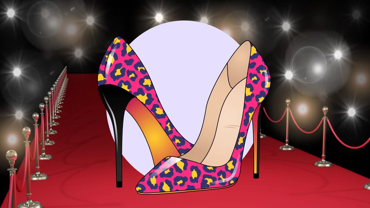 animación del icono de los zapatos en la alfombra roja en un desfile de moda, sobre un fondo negro