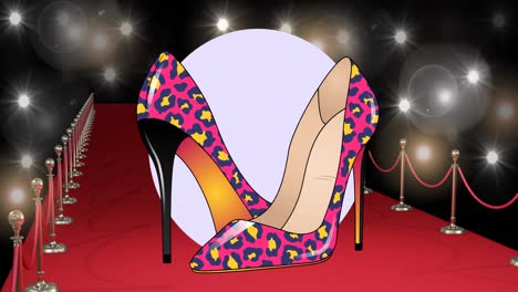 Animation-of-shoes-icon-on-red-carpet-at-fashion-show,-on-black-background