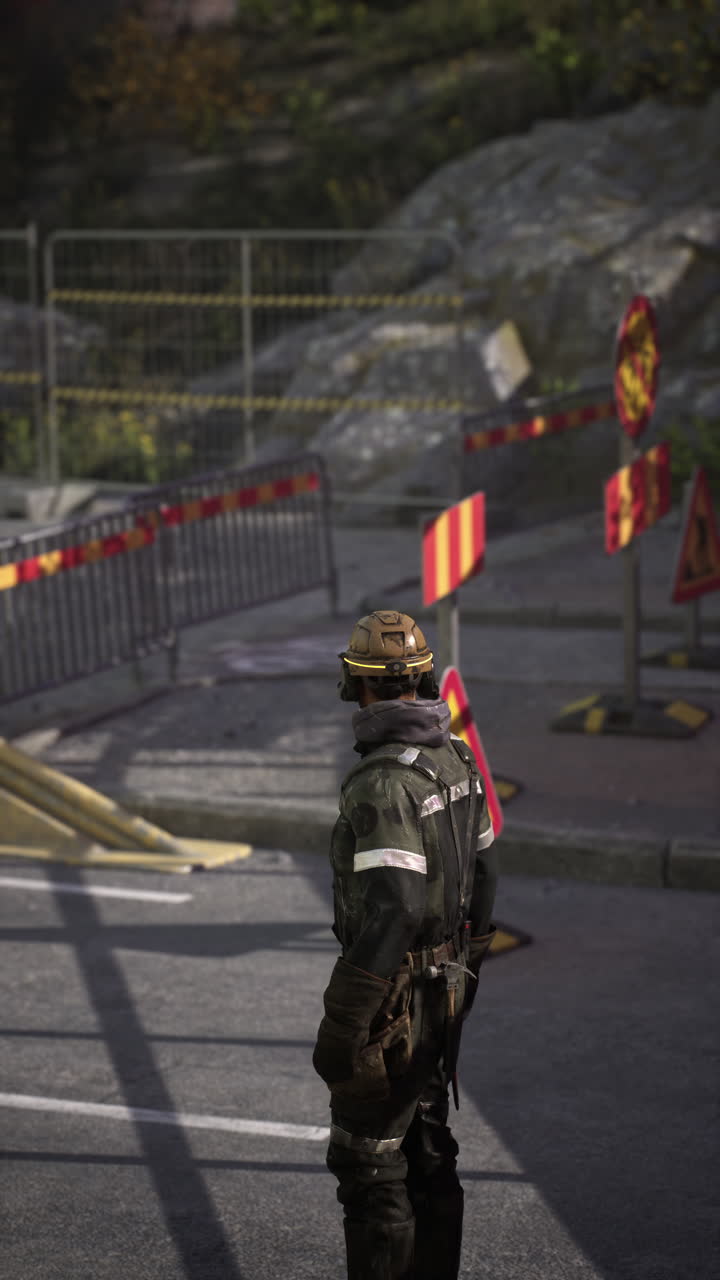 Road worker managing traffic at a construction site during bright daylight