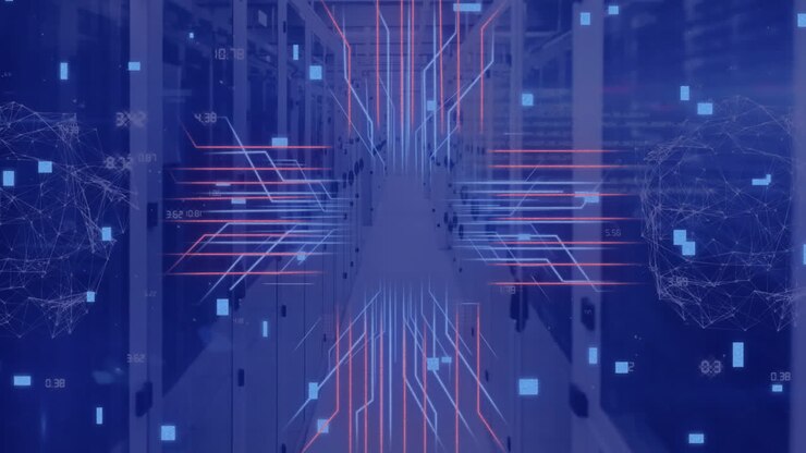 Animation of circuit board and data processing over computer servers