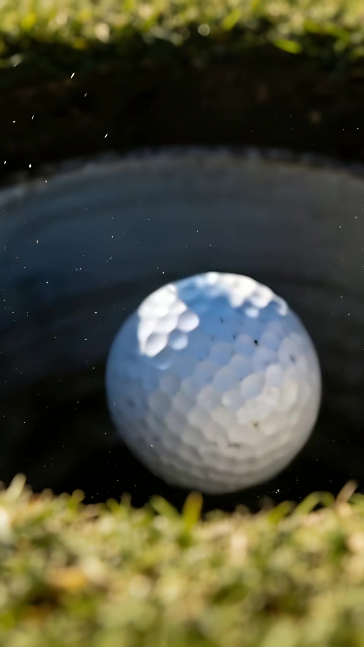 Video verticale: Palla da golf bianca che si sposta e scivola nella buca verde, con frammenti d'erba che cadono, imbucando il putt