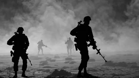 silhouetted military personnel advancing through dense smoke filled battlefield, showcasing intense tactical movement during high stakes combat operation