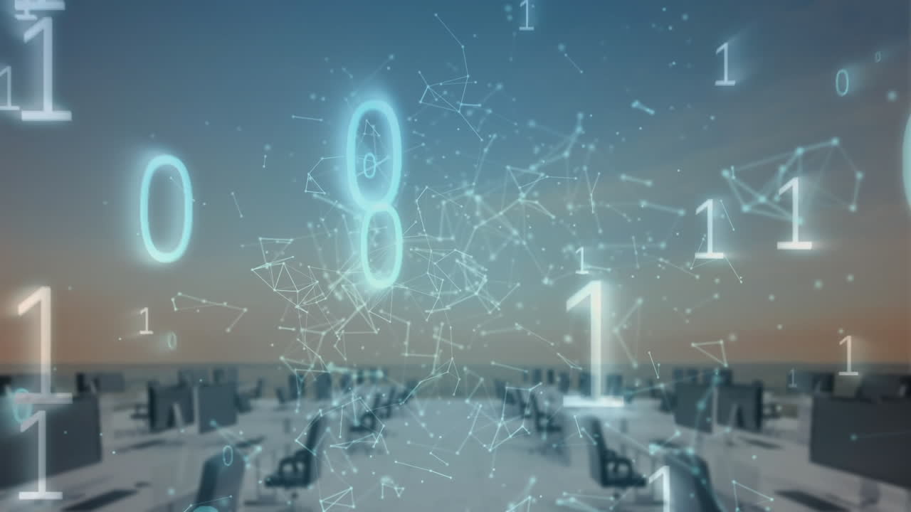 animación de datos con fuera de enfoque oficina moderna en fondo de gradiente azul