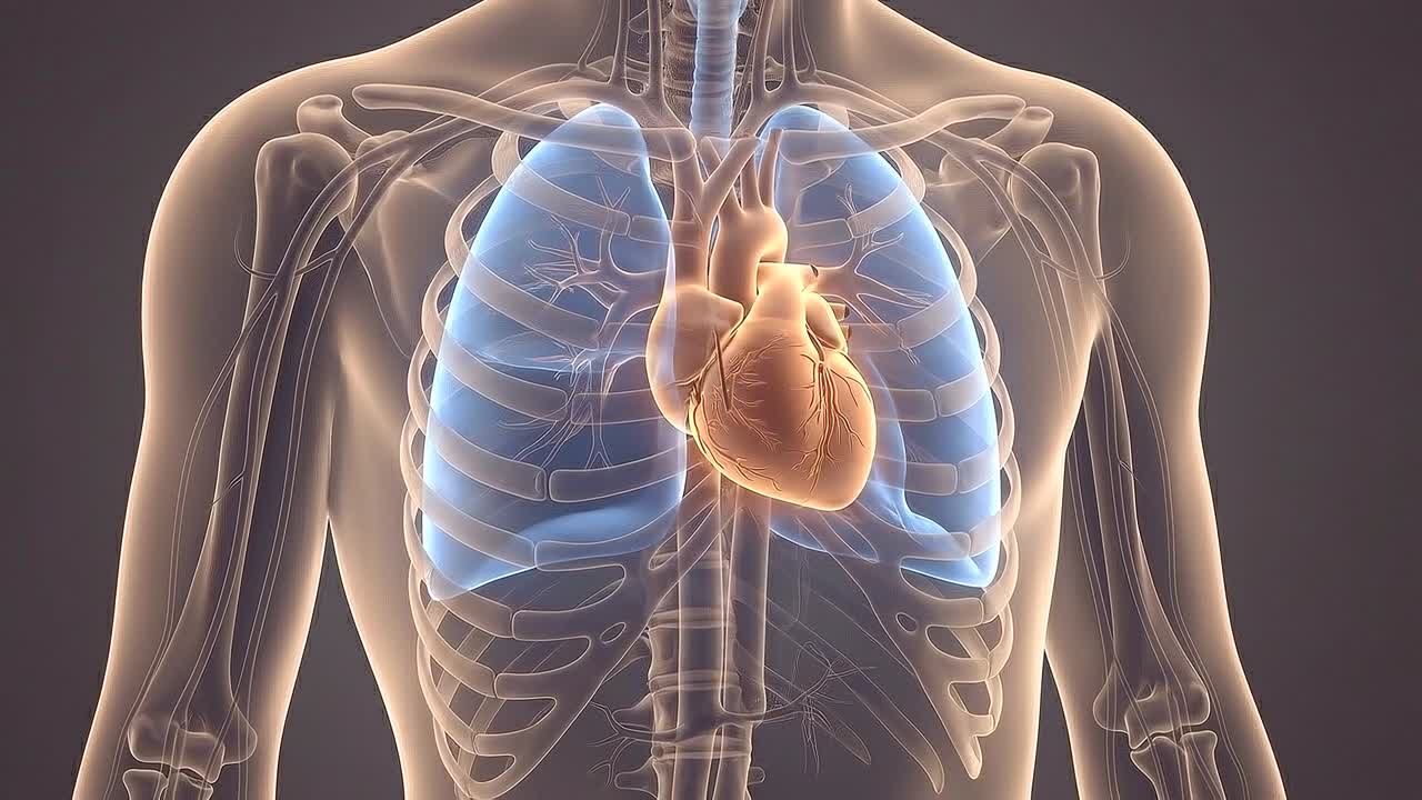 Visualizzazione anatomica dettagliata dei polmoni e del cuore umani all'interno della gabbia toracica con elementi luminosi del sistema circolatorio.