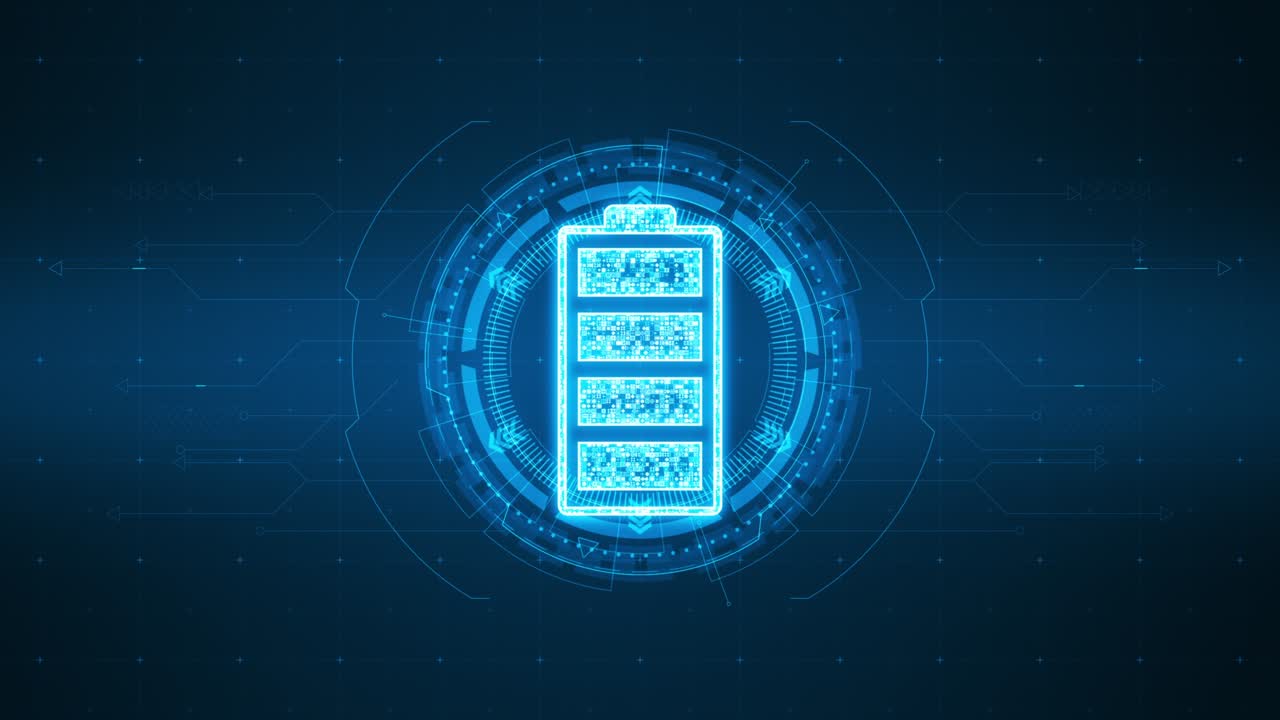 motion graphic del logotipo de la batería azul con interfaz de tecnología de círculo de rotación hud y elementos futuristas fondo abstracto