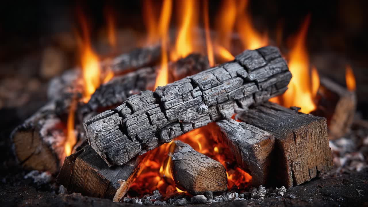 A Mesmerizing Glimpse of a Crackling Campfire with Blazing Flames Illuminating Charred Logs and a Warm Glow, Perfect for Evoking Cozy Evenings Outdoors