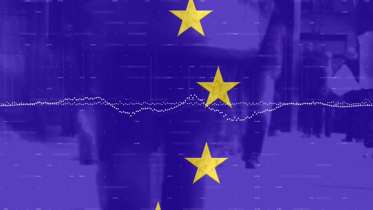 Animazione dell'elaborazione di dati finanziari e bandiera dell'UE su persone di diverse etnie che camminano per strada.