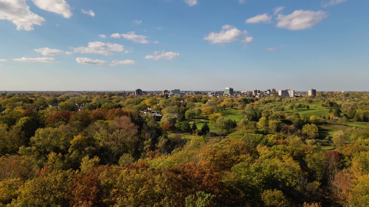 가을 색상의 광대한 숲이 우거진 풍경의 아름다운 공중 사진