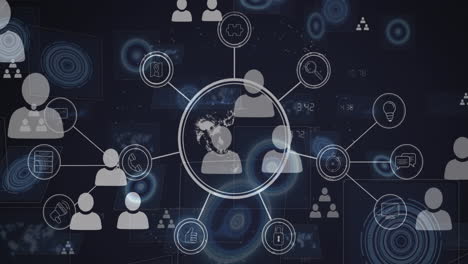 animation of profile icons over icon in circles around globe against numbers