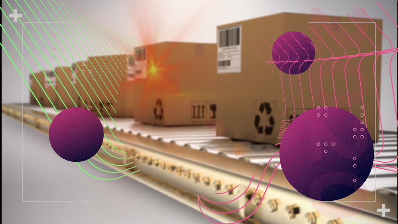 Packages moving on conveyor belt with colorful abstract shapes overlay animation