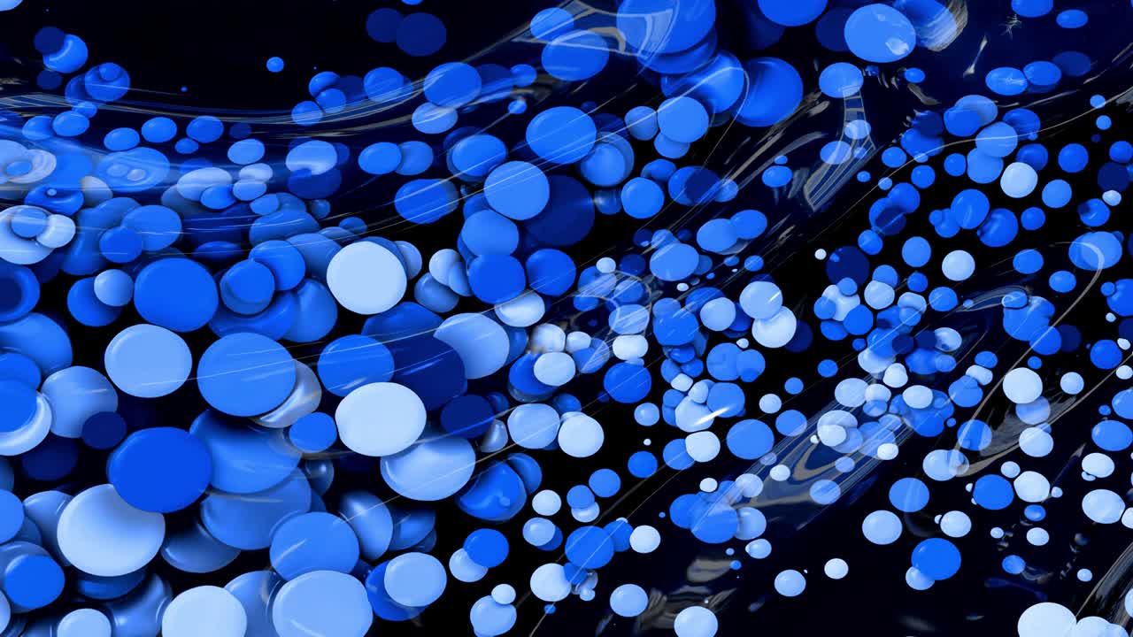 아름다운 추상적인 반이는 표면의 은 은 배경은 파란색 액체와 같은 파란색 물결과 함께 원은 기름에 페인트의 물방울처럼 떠 있습니다. 4k에서 파란색 색 gradient를 가진 창의적인 배경.