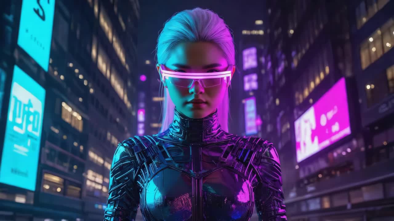 Cyberpunk-nainen neonvalojen valaisemassa kaupungissa