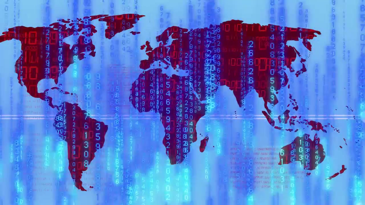 Red world map silhouette centered while scanline flashing causing blue digits falling for data flow