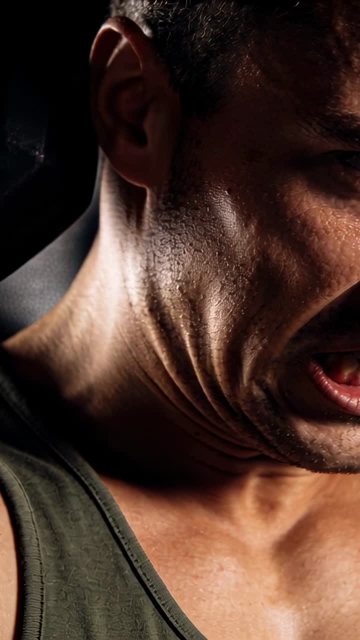 Vertical video: Grunting man in olive tank pressing hex dumbbell from shoulder in gym finishing rep