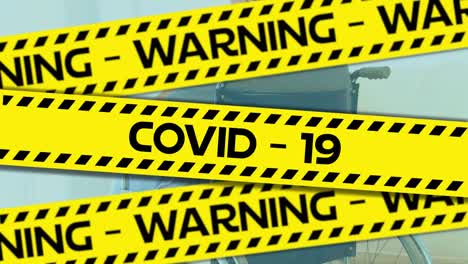 words warning and virus written on yellow tape over a senior man. covid-19 spreading