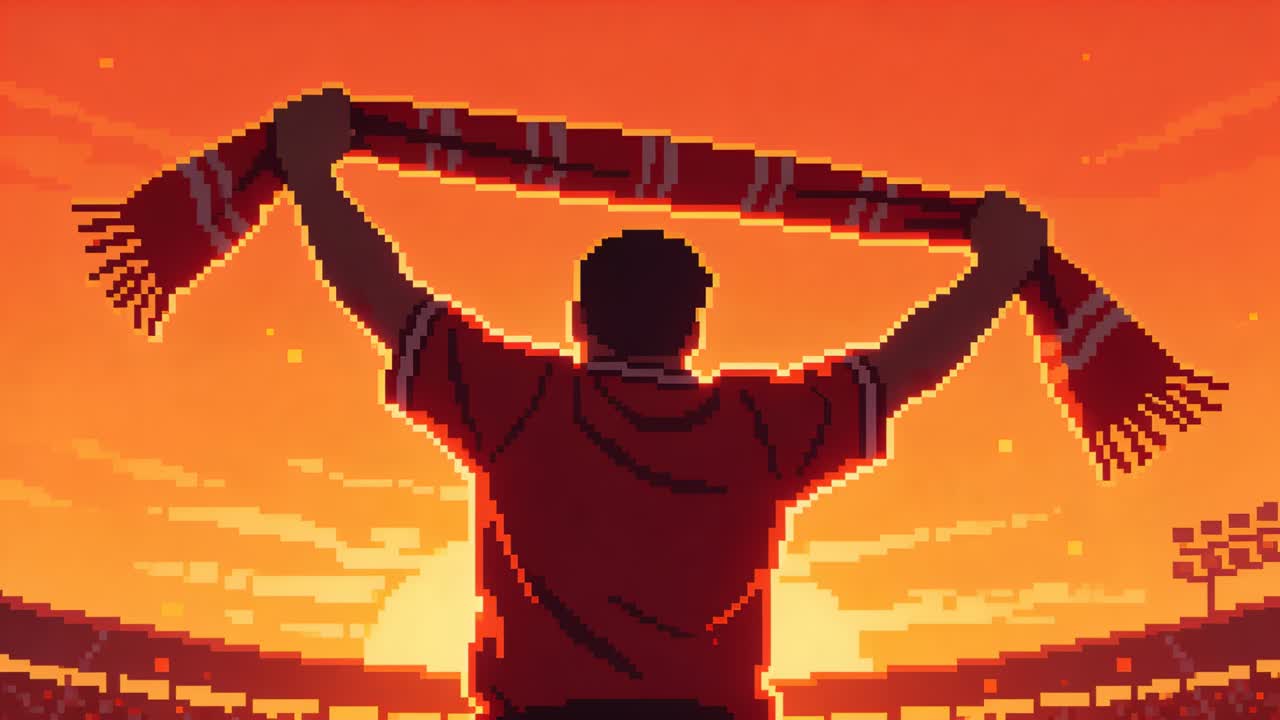 Jubelnder männlicher Fan hebt rot-weiß gestreiften Schal im Stadion, während die Sonne sinkt und die Flutlichter leuchten.