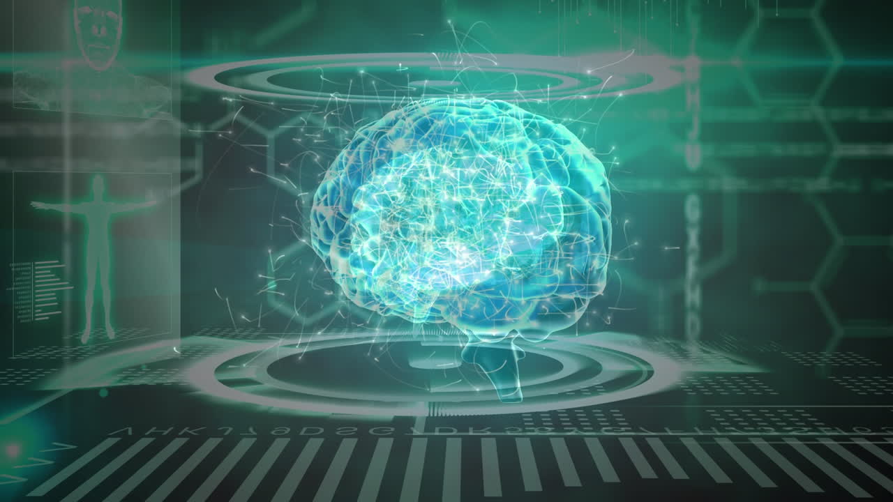 Science Composition Animated brain combined with illustrations colored in blue and gre